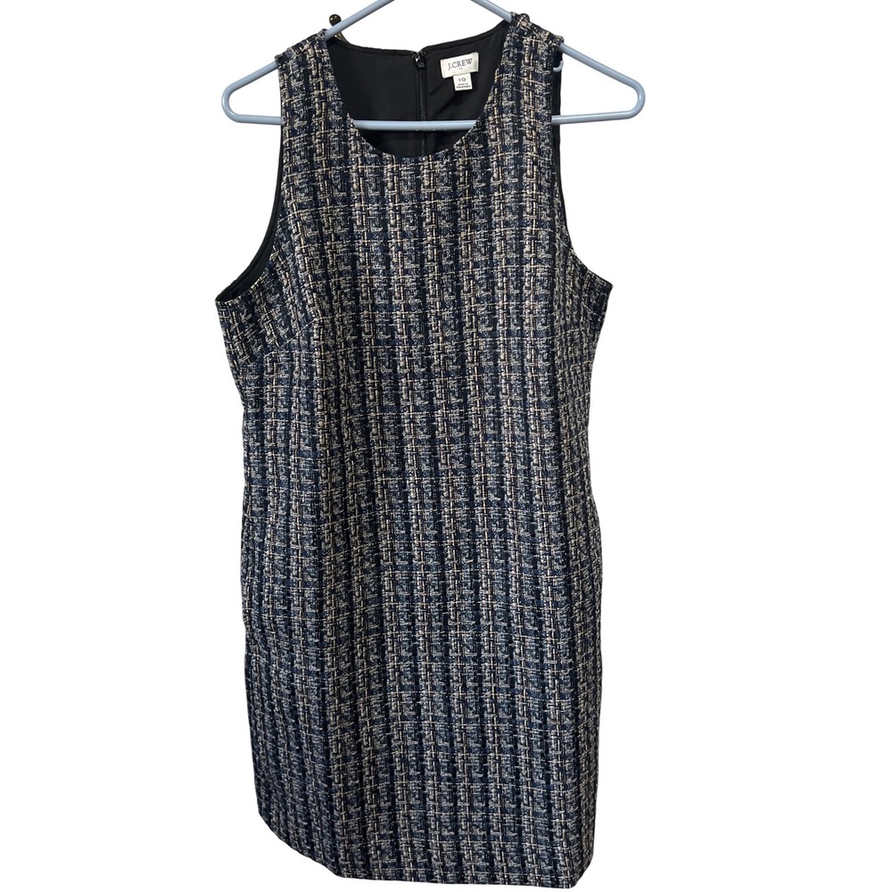 J.Crew Navy Blue Gold Tweed Sleeveless Shift Dress with Pockets 10